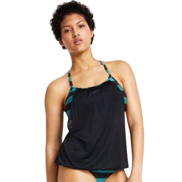 NIKE Women's Layered Statement Stripe Tankini Top Swimsuit in Green & Black - Picture 1 of 5